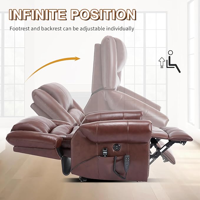 Luxlen Power Lift Recliner Chair for Elderly, Dual Motor Massage Recliner with Lumbar Heat, Heavy Duty Motion Mechanism Lift Chair with Charge Ports, Genuine Leather - Red