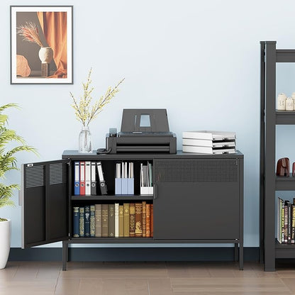 Black Wide Metal Locker Storage Cabinet, 2 Door Accent Cabinet for Home and Office, 2 Tier Low Metal Cabinet With Doors and Shelf, Multipurpose TV Stand