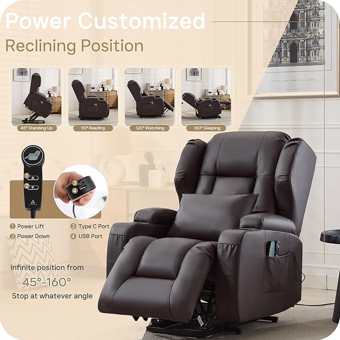 Power Lift Recliner Chair for Elderly, Electric PU Leather Reclining Single Sofa with Massage & Heat, Side Pocket, Cup Holders and USB/Type-C Charge Port for Living Room (Brown)