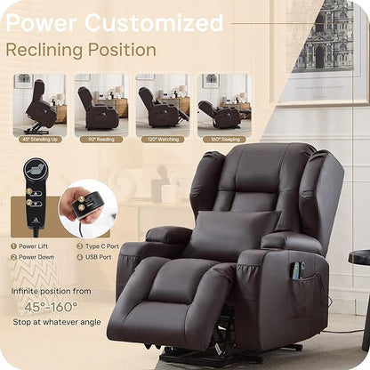 Power Lift Recliner Chair for Elderly, Electric PU Leather Reclining Single Sofa with Massage & Heat, Side Pocket, Cup Holders and USB/Type-C Charge Port for Living Room (Brown)