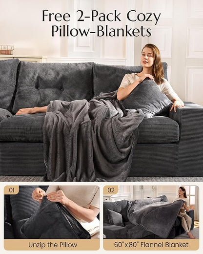 High Back Boneless Couch, L-Shaped Cloud Couch with Versatile 2-Pack Pillow Blankets, Corduroy Modular Sectional Sofa with Ottoman, No Assemble Sectional Couches for Living Room, Dark Grey