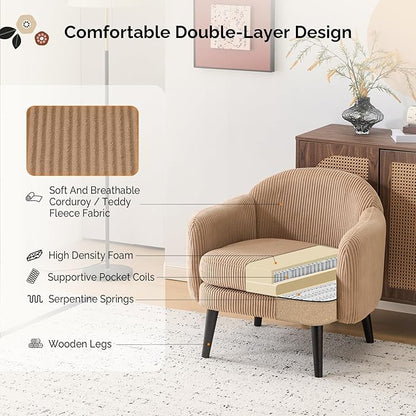 VINGLI 30.3" Wide Modern Barrel Accent Armchairs Set of 2 with Track Armrest, Solid Wooden Legs, Comfy Upholstered Club Chairs, Single Home Sofa for Living Room, Bedroom, Reading Room, Corduroy Khaki