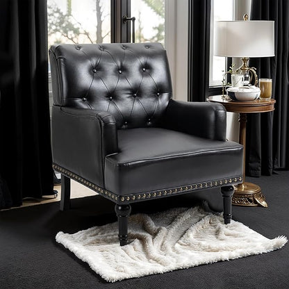 MOJAY Faux Leather Accent Chair Set of 2, Mid-Century Modern Living Room Chair Lounge Study Sofa Chair with Sturdy Wood Legs, Club Chair Armchair for Bedroom Home Study Reception (Black)