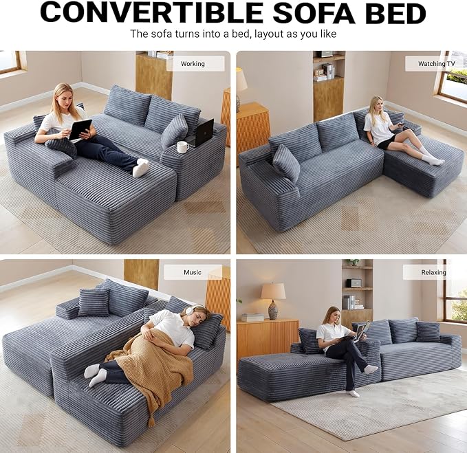 108 Inch Cloud Sectional Couch,Modern Modular Sectional Sofa with Deep Seat,Corduroy Boneless Couches with L-Shape Chaise for Living Room,No Assembly Required (Grey, Right Facing Chaise)
