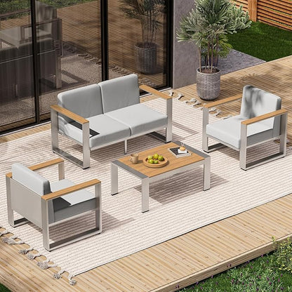 Aluminum Outdoor Furniture Set, 4 Seats Outdoor Patio Conversation Sets with Ergonomic Seat and Wide Washable Thick Cushions, Modern Patio Sectional Furniture for Balcony, Porch (Teak-Gray)