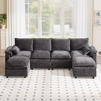 130" U Shaped Modular Sectional Sofa, Couch with Ottoman Storage, Chenille Cloud Couch with Plush Deep Seating for Living Room, Bedroom (6 Seat, Grey)