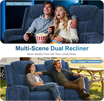 Loveseat Recliner Sofa, Manual Reclining Loveseat Sofa with Storage Console, Cup Holders, USB Ports, Modern Luxury Large Navy Blue Linen Recliner Couch for Living Room/RV