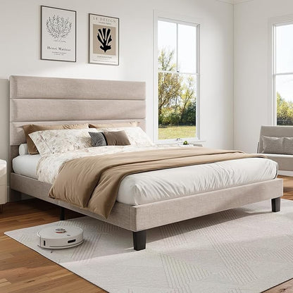 AMERLIFE Queen Size Bed Frame with Linen Upholstered Headboard, Modern Platform Bed with Wooden Slats Support, Noise-Free, No Box Spring Needed, Easy Assembly, Beige