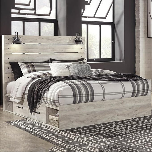 Signature Design by Ashley Cambeck Farmhouse King Panel Platform Bed with 2 Storage Drawers, Cubbies, Sconce Lights and USB Ports, Foundation or Box Spring Not Needed, Whitewash
