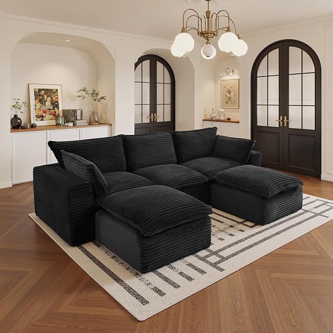 108" Sectional Couches for Living Room Boneless Couch Upholstered Cloud Couch Sectional Modular Sectional Sofa with L Shaped (Corduroy-Black, 3 Seat+2 Ottoman)