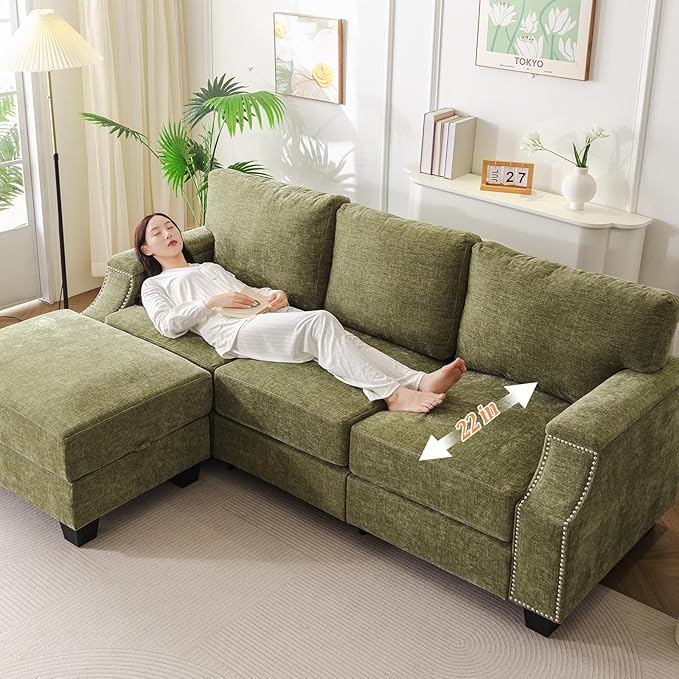 85'' L Shaped Couch with Armrest Organizer,3 Seats Sofas with Storage Ottoman,Comfy Sectional Sofa with Thick Cushion,Chenille Sectional Couches for Living Room,Bedroom,Apartment,Green