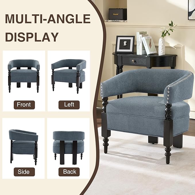 LOULENS Barrel Accent Chairs Set of 2, Vintage Linen Upholstered Lounge Chair with Solid Wood Legs, Comfy Leisure Side Armchair for Living Room, Bedroom, Reading Nook, Corner, Blue