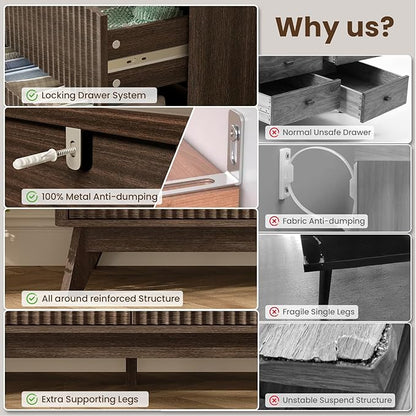47'' Wide 6 Drawers Dresser for Bedroom,Modern Fluted Vertical Chest with Rounded Corners,Fluted Dresser for Living Room,Hallway, Walnut
