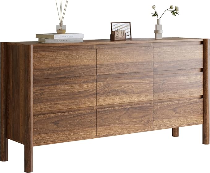 Dresser for Bedroom with 9 Drawers,63" Wide Walnut Dresser with 4 Solid Wood Legs, Wooden TV Stand,Closet Clothes Organizer for Bedroom, Hallway