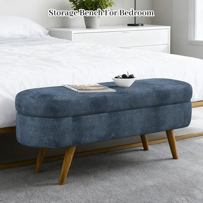 Storage Ottoman Bench 43" Storage Bench for Bedroom, Upholstered Soft Boucle Fabric End of Bed with Safety Hinge Solid Wood Legs Foot Stool Benches for Hallway,Closet,Oval, Entryway, Dark Blue