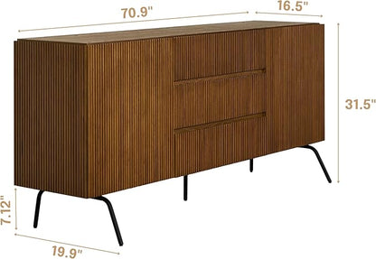 NTC Veil Large Sideboard with 2 Doors and 3 Drawers, Buffet Cabinet with Vertical Groove Design and Metal Legs, Storage Cabinet for Living Room, and Entryway, Effortless Assembly - Rustic Oak