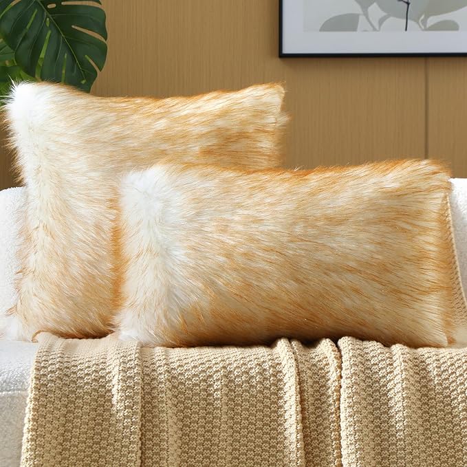 FUTEI Brown White Decorative Throw Pillow Covers 26x26 Inch Set of 2,Soft Fluffy Faux Fox Fur Textured Euro Pillow Shams,Modern Home Decor for Couch Living Room
