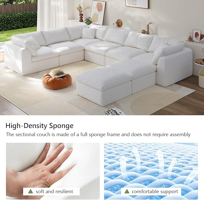 Boneless Cloud Couch Modular Sectional Sofa with Deep Seat for Living Room, L Shape Couch with Ottoman, Snowflake Cloth and 40D Memory Sponge，2 Throw Pillows (White, 6 Seater+2 Ottoman)