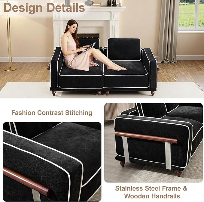 80" Loveseat Sofa Cloud Modular Sectional Couch,Deep Love Seat Couch with Armrests Wooden Legs,2 Seater Comfy Thicked Cushion Upholstered Sofa for Living Room Bedroom,Black
