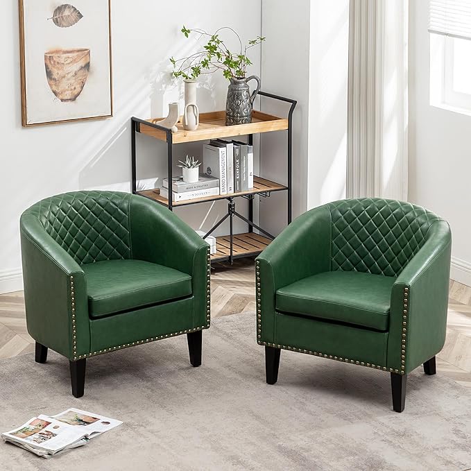 KINWELL 29" W Faux Leather Barrel Chairs Set of 2, Modern PU Upholstered Tufted Club Chairs with Nailhead Trim, Small Armchairs Accent Chairs for Living Room Bedroom Apartment Lounge Nursery, Green