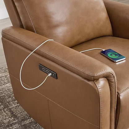 Watson & Whitely Genuine Leather Power Recliner Chairs W Power Headrest for Adults, Swivel Glider Recliner Chair W Charging Ports for Living Room, Saddle