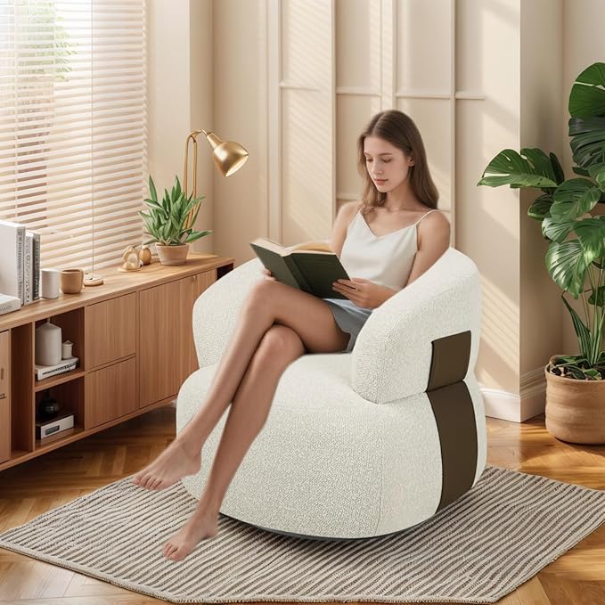 Swivel Barrel Accent Chairs-Modern Round Club Arm Chair Upholstered Living Room Armchair, Single Sofa Seating Bedroom Side Reading Seat for Living Roon Office (Beige,1 Pack)