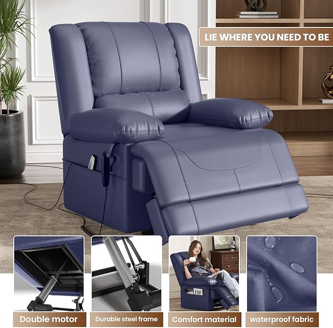 Large Dual Motor Power Lift Recliner Chair with Massage and Heat for Elderly People, Infinite Position,USB Ports and Remote Control,Breathable Leather (Blue)