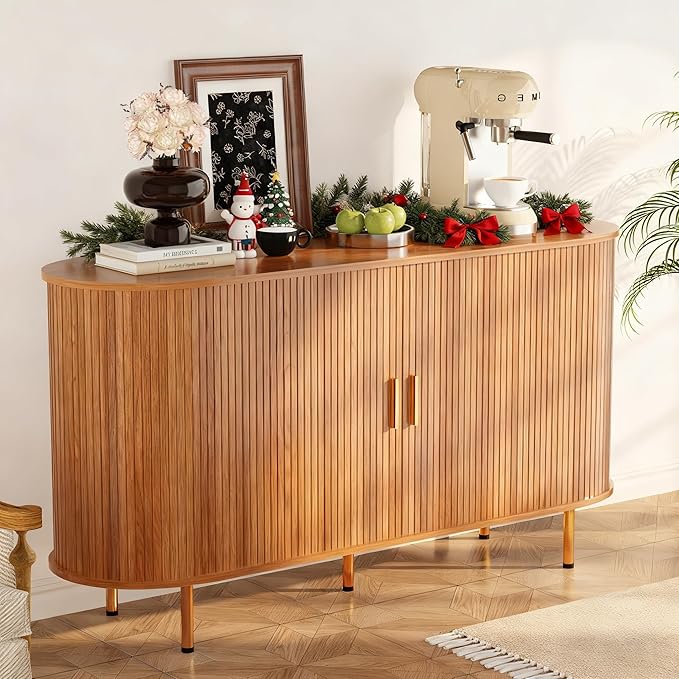 DHH Storage Cabinet, Fluted Sideboard Buffet Cabinet with Tambour Sliding Doors& Adjustable Shelf, Accent Coffee Bar Console Table for Kitchen, Living Room, Entryway (Yellow Walnut 55 Inch)
