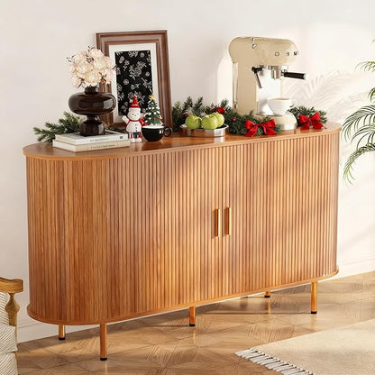 DHH Storage Cabinet, Fluted Sideboard Buffet Cabinet with Tambour Sliding Doors& Adjustable Shelf, Accent Coffee Bar Console Table for Kitchen, Living Room, Entryway (Yellow Walnut 55 Inch)
