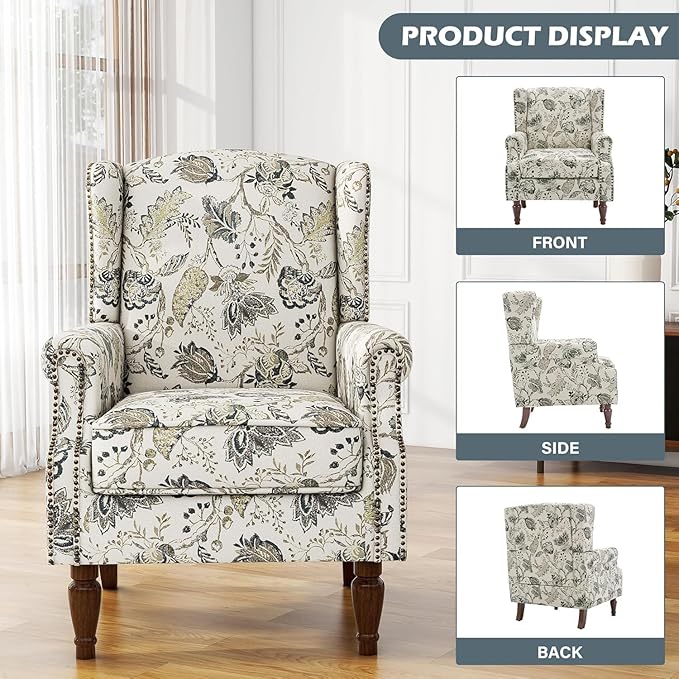 UIXE High Back Floral Accent Chairs Set of 2, Fabric Upholstered Armchair for Living Room, Retro Printed Wingback Arm Chair Nailhead Trim Single Sofa Bedroom Reading Seat - Beige Plants