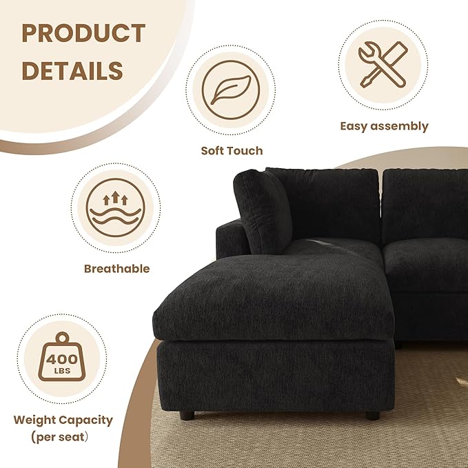 WJShome Sectional Couches for Living Room, 67 Inch Loveseat Sofa with Chenille Upholstery & Double Layer Cushions, Modern Apartment Size Modular Couch for Bedroom，Black