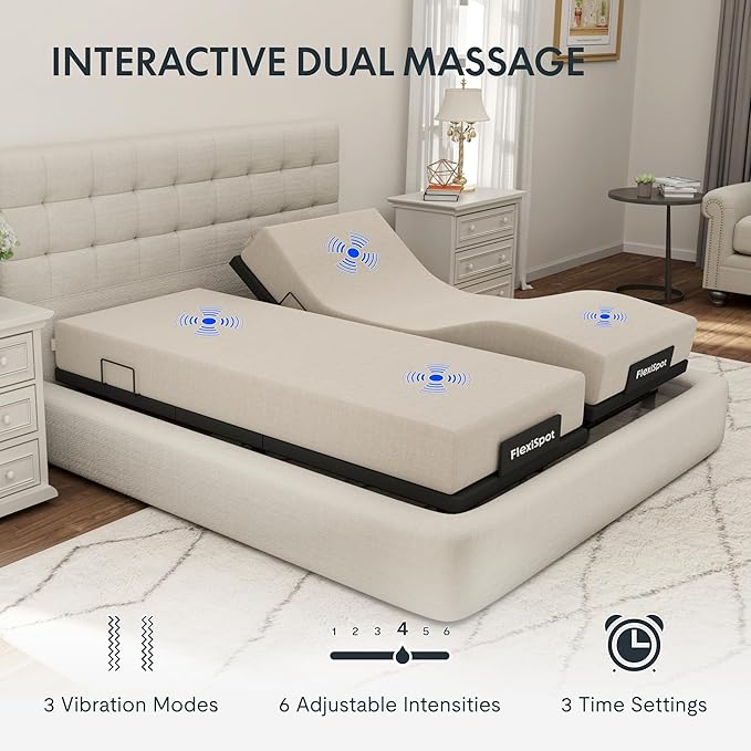 FLEXISPOT Adjustable Bed Frame Base Split King,Massage, Zero Clearance, Synchronized Adjustment,Whisper Quiet Durable Motor,Zero Gravity,Mattress Holders.
