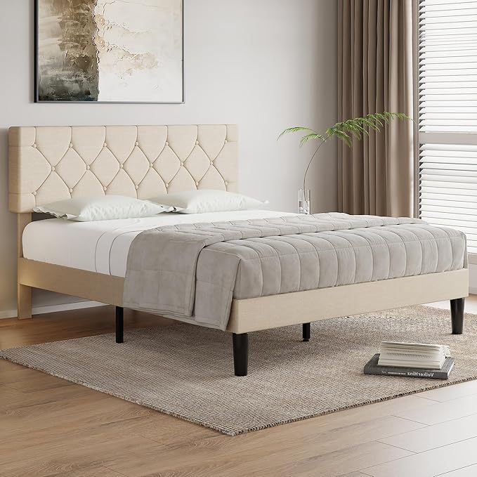 VECELO Queen Bed Frame with Button Tufted Headboard, Upholstered Platform with Wooden Slat Support, No Box Spring Needed, Cream Beige
