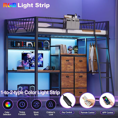 Twin Metal Loft Bed with Desk, 6 Storage Cabinet, LED Light Bunk Bed Frame Twin Size with Charging Station, No Box Spring Needed, Extra Wide Stair Treads&Safety Ladder, Hanging Rod&Guardrail