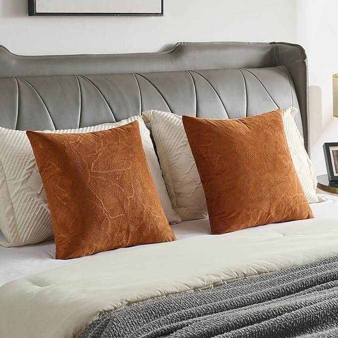 FUTEI Rust Velvet Throw Pillow Covers 24x24 Inch Set of 2,Soft Embossed Leaf-Relief Textured European Cushion Cases,Natural Home Decor for Couch Living Room