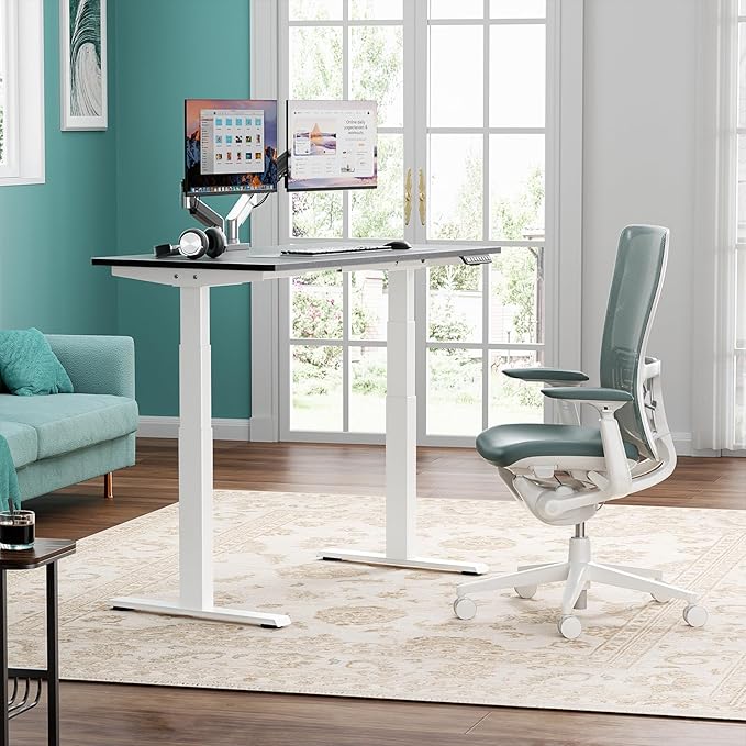 3 Stages Dual Motor Electric Standing Desk with One Piece Desktop, 48 x 24 Inch Adjustable Height Sit to Stand Up Desk for Home Office, Work & Study, White Frame & Black Desktop (2 Packages)