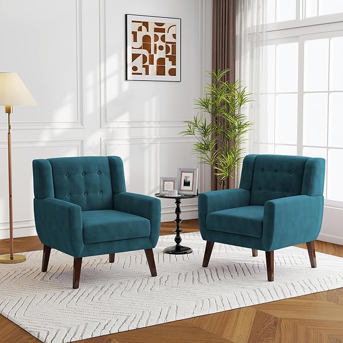 Lumibee Accent Chairs Set of 2, Velevet Fabric Armchairs for Living Room, Comfy Upholstered Arm Chairs Tufted for Indoor Bedroom Office Room (Blue Velvet)