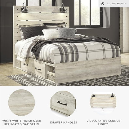 Signature Design by Ashley Cambeck Farmhouse Queen Panel Platform Bed with 2 Storage Drawers, Cubbies, Sconce Lights and USB Ports, Foundation or Box Spring Not Needed, Whitewash