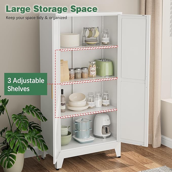 Bathroom Storage Cabinet Freestanding, 61" Tall Metal Cabinets with Doors and Shelves, White Metal Pantry Cabinet for Kitchen, Living Room, Home Office