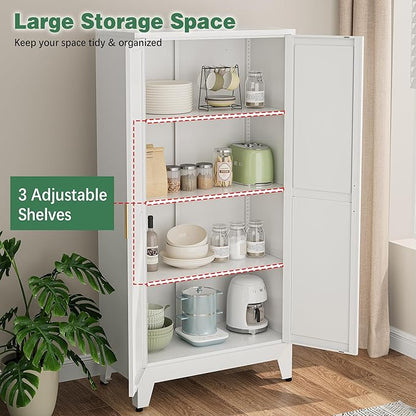 Bathroom Storage Cabinet Freestanding, 61" Tall Metal Cabinets with Doors and Shelves, White Metal Pantry Cabinet for Kitchen, Living Room, Home Office