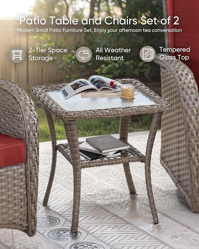 HUMMUH Patio Furniture Wicker Outdoor Furniture Sets High Back Outdoor Glider Bench with Patio Swivel Chairs Patio Conversation Sets for Deck Lawn Porch Balcony Poolside-Grey/Red