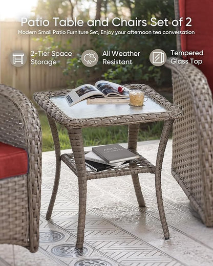 HUMMUH 7 Pieces Outdoor Furniture Set-All Weather Wicker Rattan Couch with Outdoor Rocking Chair Patio Furniture for Deck Lawn Porch Balcony Poolside-Grey/Red