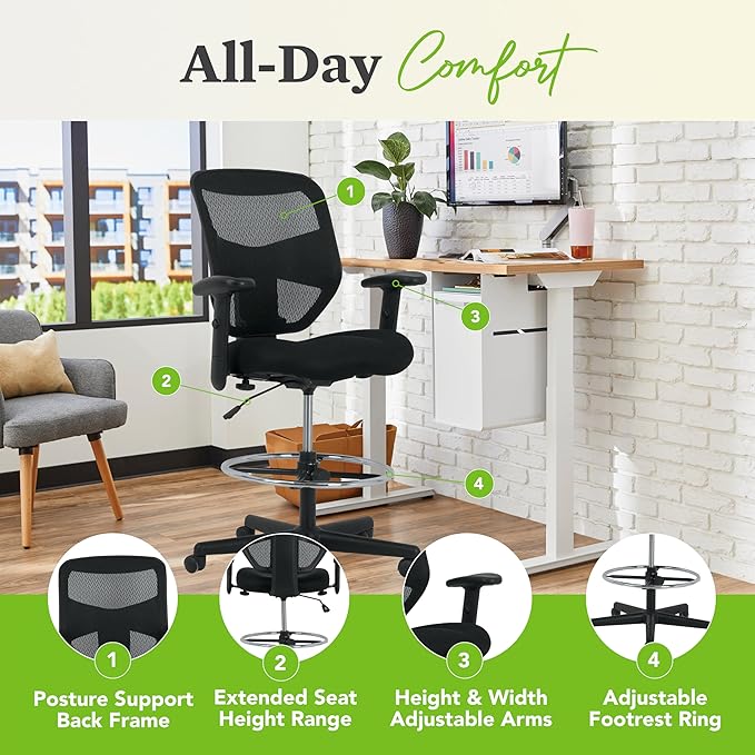 HON Prominent Mesh Ergonomic Standing Office Drafting Chair with Adjustable Arms, Footrest, 360 Swivel Task Chair for Computers, Desk, Home Office, Black