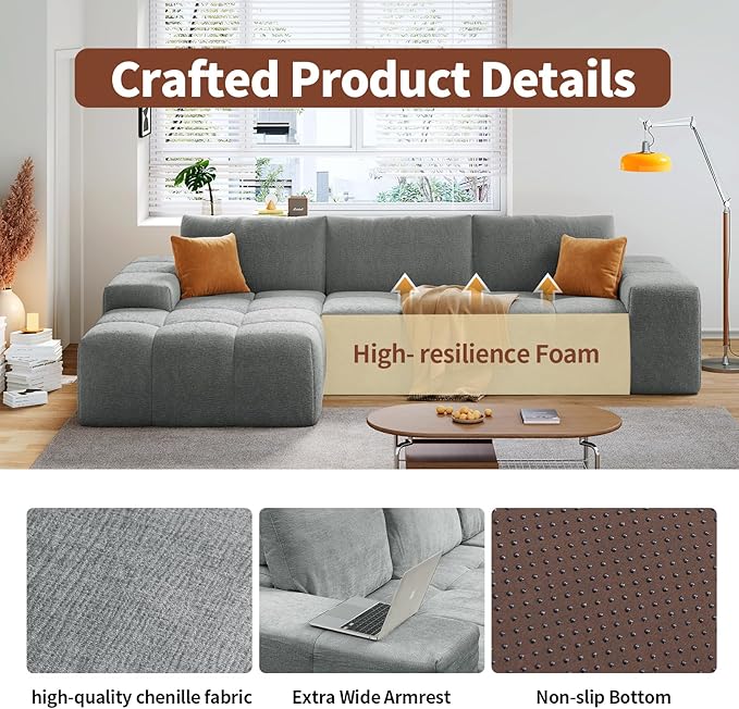 114” Oversized Modular Sectional Couch for Living Room, Chenille Boneless Couch L-Shape Cloud Sofa with Deep Seat and Chaise, Memory Foam Compressed Sofa for Living Room Furniture Bedroom Apartment