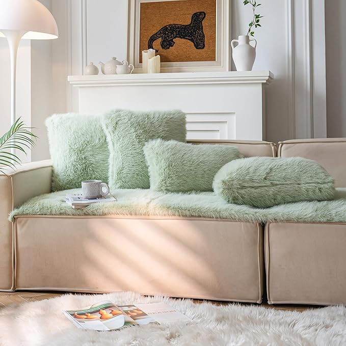 Neelvin Green Faux Fur Cozy Fluffy Double-Sided Decorative Throw Pillow Covers 18x18 inch Set of 2,Velvet Pillowcase Cushion Case for Sofa Couch