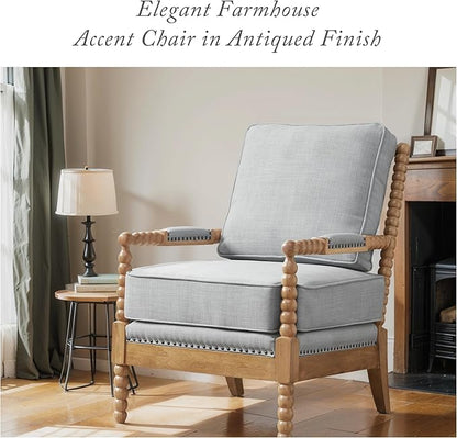 Madison Park Donohue Midcentury Modern Accent Chairs Padded Solid Wood Armrest and Frame Oakwood Finish, Upholstered Seat, Bedroom, Family or Living Room, 25.5" W x 32" D x 35.75" H, Light Blue
