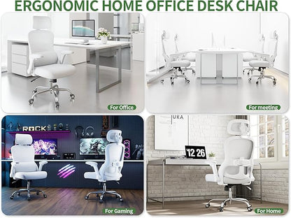 White Ergonomic Office Chair: Mesh Desk Chair Comfy with Adjustable Lumbar Support 400lbs High Back Computer Gaming Chair - Big and Tall Office Chairs with Extra Wide Seat-Adults Home Office