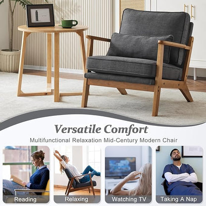 VINGLI Solid Wood Wide Armrests Accent Chair,Upholstered Mid Century Modern Chair with Pillow,Comfy Reading Chair Farmhouse Arm Chair,Chairs Living Room,Bedroom,Guest Room,Linen Fabric,Dark Grey