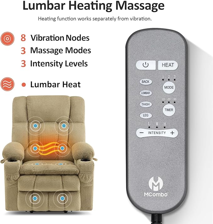 MCombo Dual Motor Large Power Lift Recliner Chair for Elderly, Lay Flat Lift Chair with Heat and Massage, Big Lift Recliner for Tall People, Cup Holders, Fabric 7896 (Beige, Large)