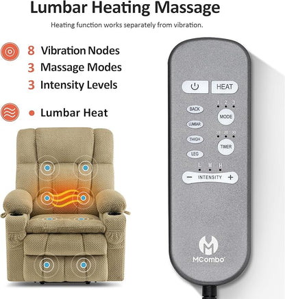 MCombo Dual Motor Large Power Lift Recliner Chair for Elderly, Lay Flat Lift Chair with Heat and Massage, Big Lift Recliner for Tall People, Cup Holders, Fabric 7896 (Beige, Large)